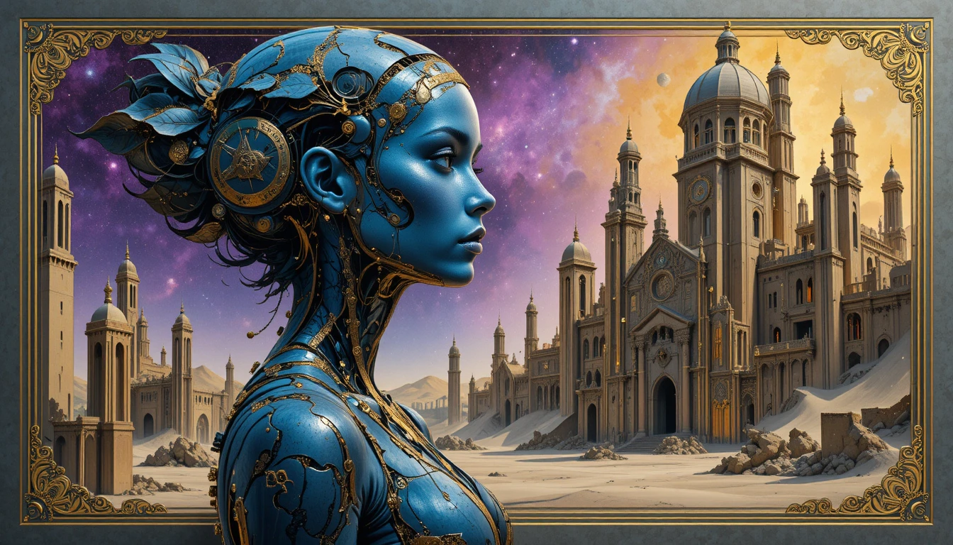 Fractal golden woman against geometric sandstone background