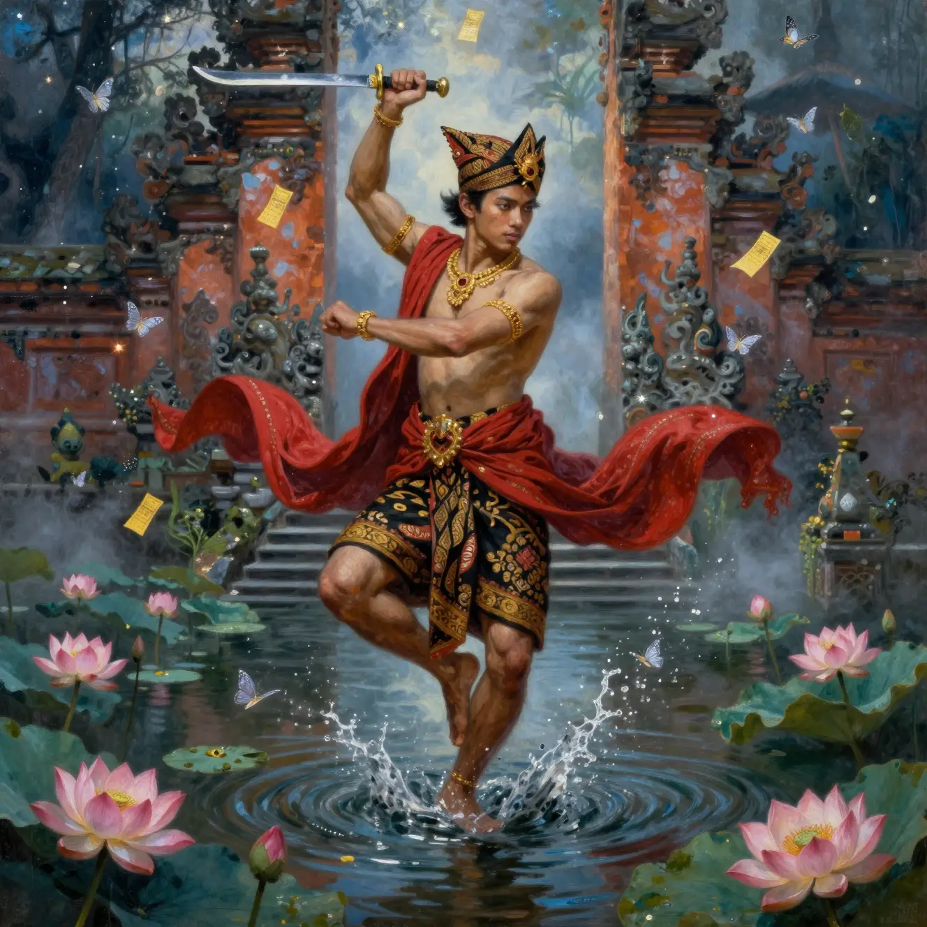 Ethereal Javanese dancer with dagger in temple lake