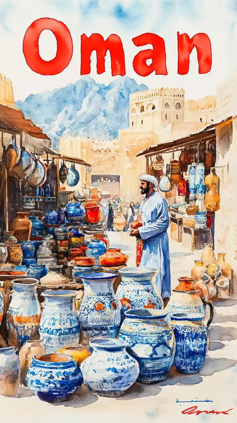 Veduta ad acquerello della ceramica tradizionale nel souq di Nizwa, Oman