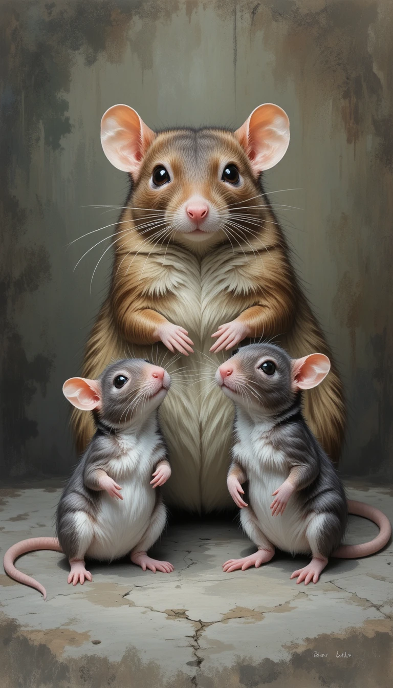 Retrato Familiar de Ratas con Madre y Dos Crías