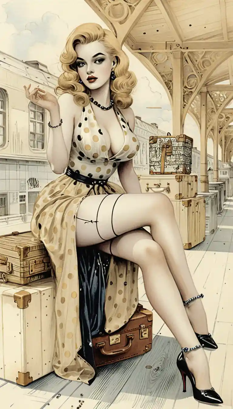 Glamorous 1950s pinup woman at vintage train station