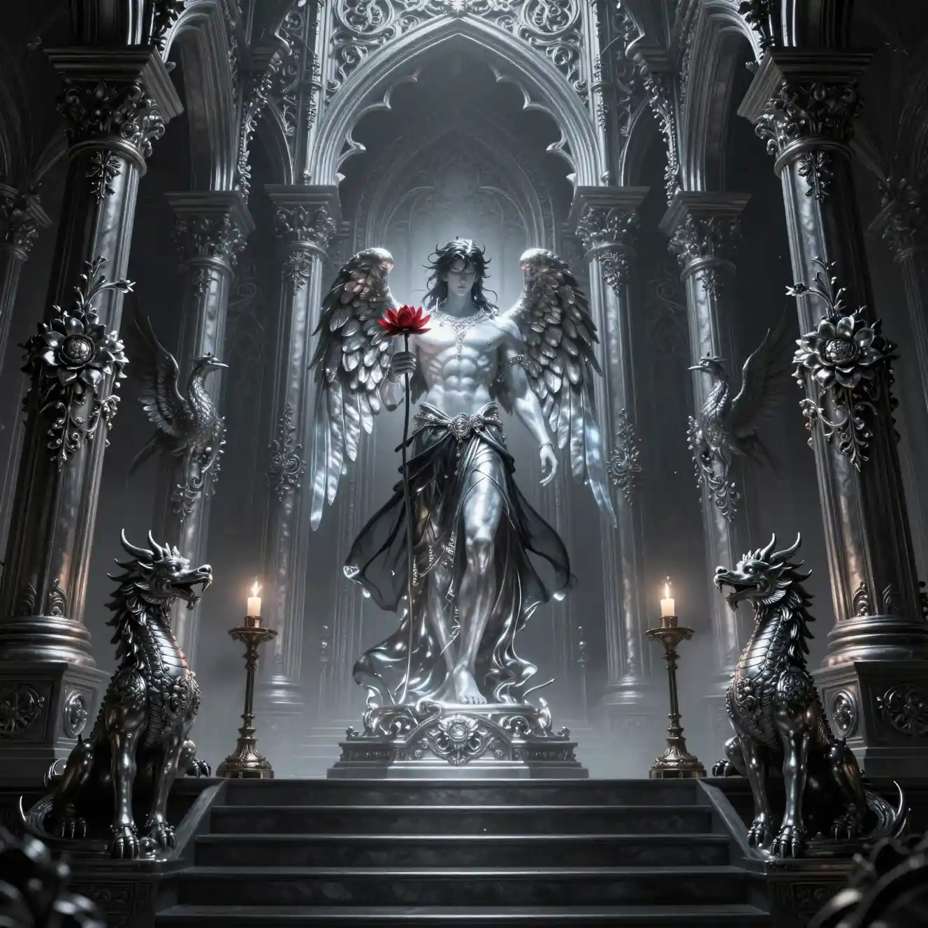 Templo gótico de fantasia com colunas de prata e estátuas