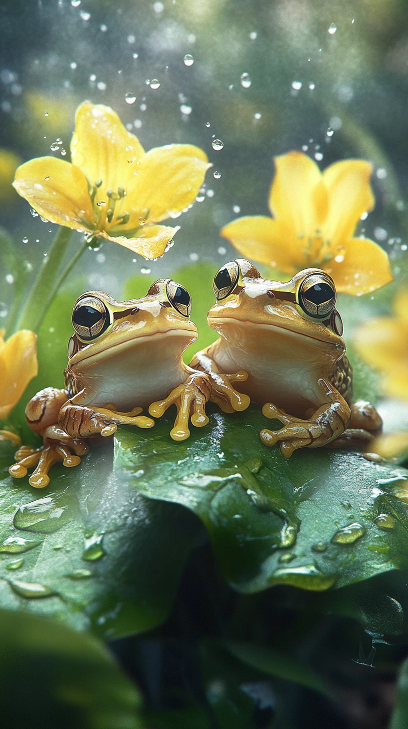 Dois sapos fofos em folhas entre bluebells amarelas na chuva