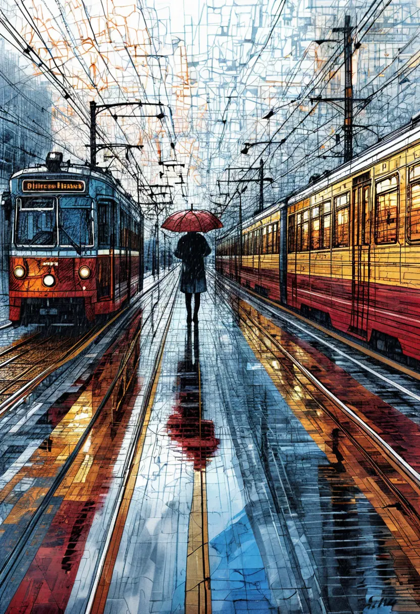Lonely figure with red umbrella between vintage red trams