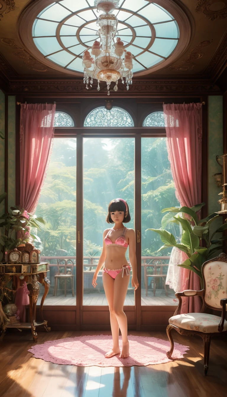 Gato de anime em corpo inteiro em interior vitoriano - ilustração
