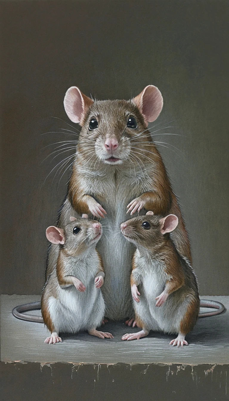 Zärtliches Rattenfamilien-Porträt im weichen Illustrationsstil