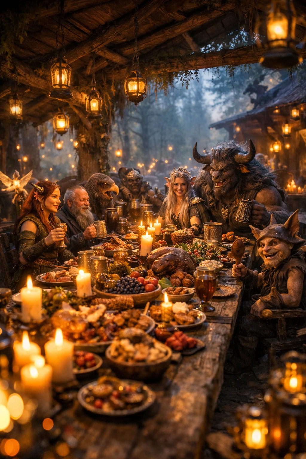 Mythische Kreaturen schmausen in einer Taverne im Zauberwald