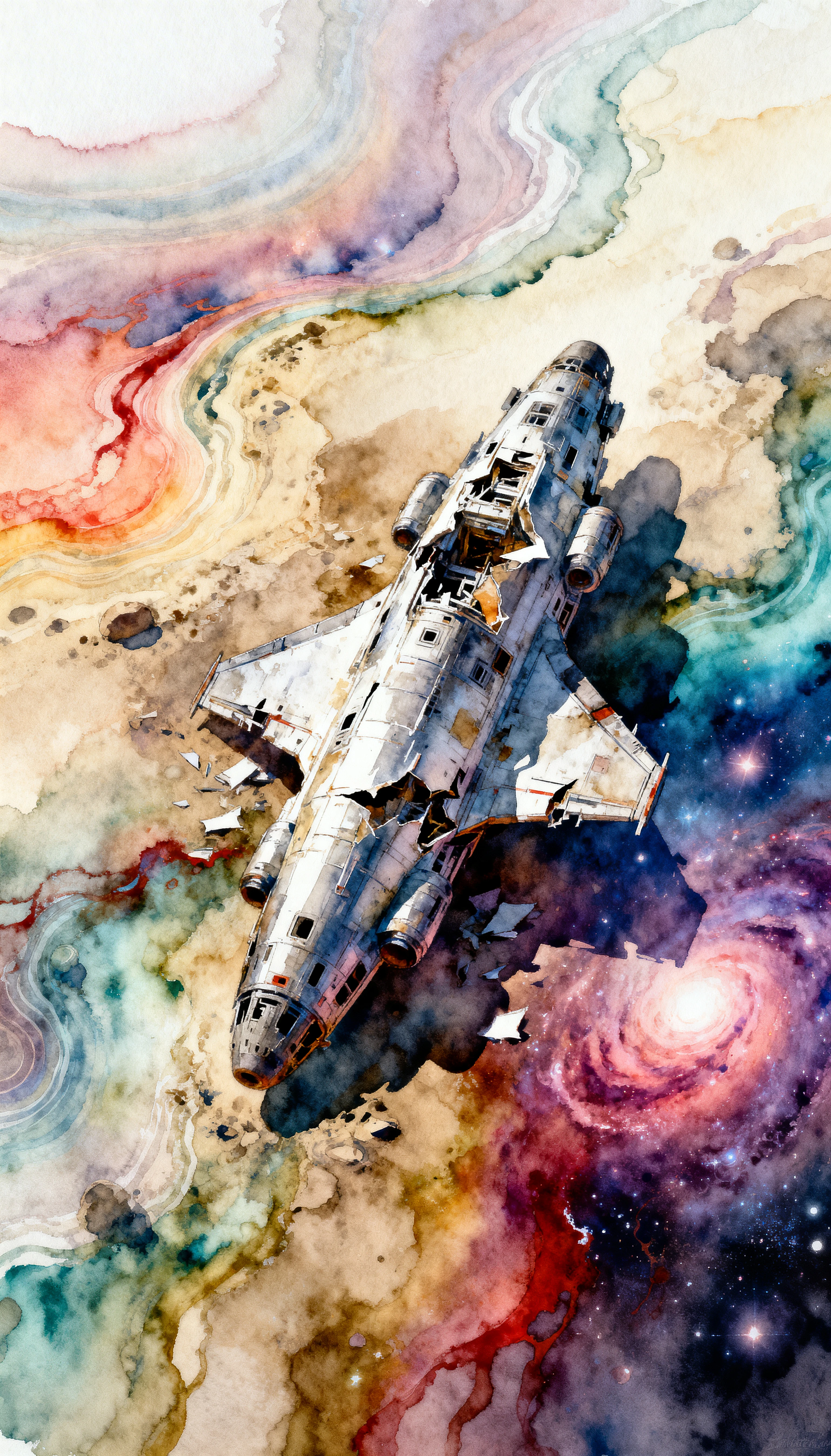 Zertrümmertes Raumschiff in einer surrealen Aquarell-Alienszenerie