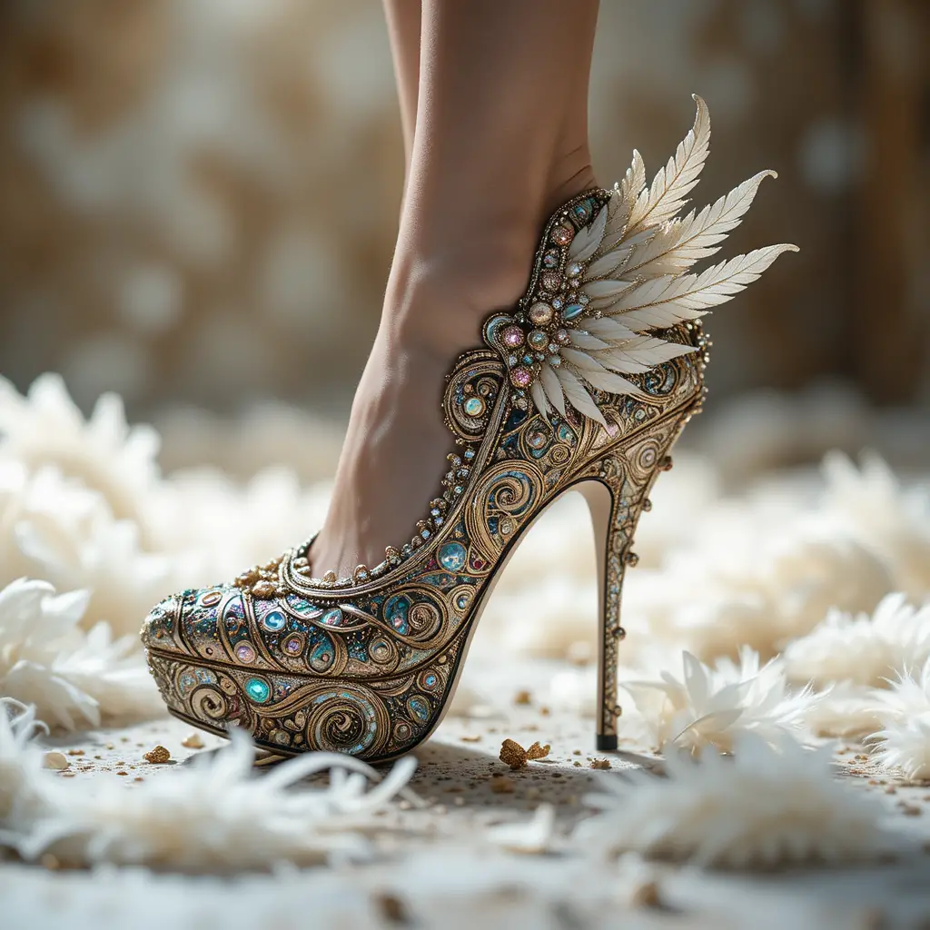 Prunkvoller Juwelen-High Heel mit geflügeltem Feder-Detail