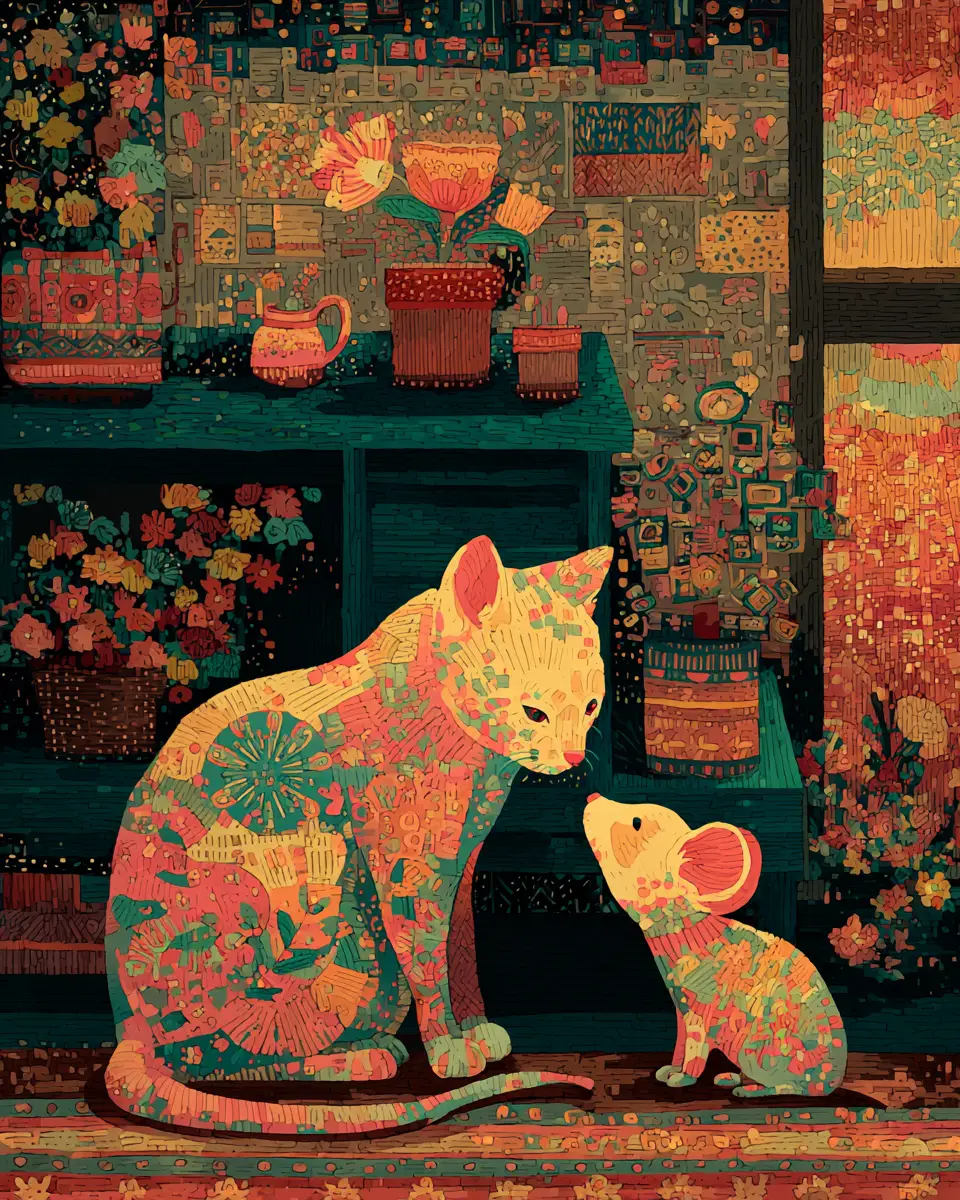 Arte folclórico de un tierno gato y ratón en un acogedor apartamento