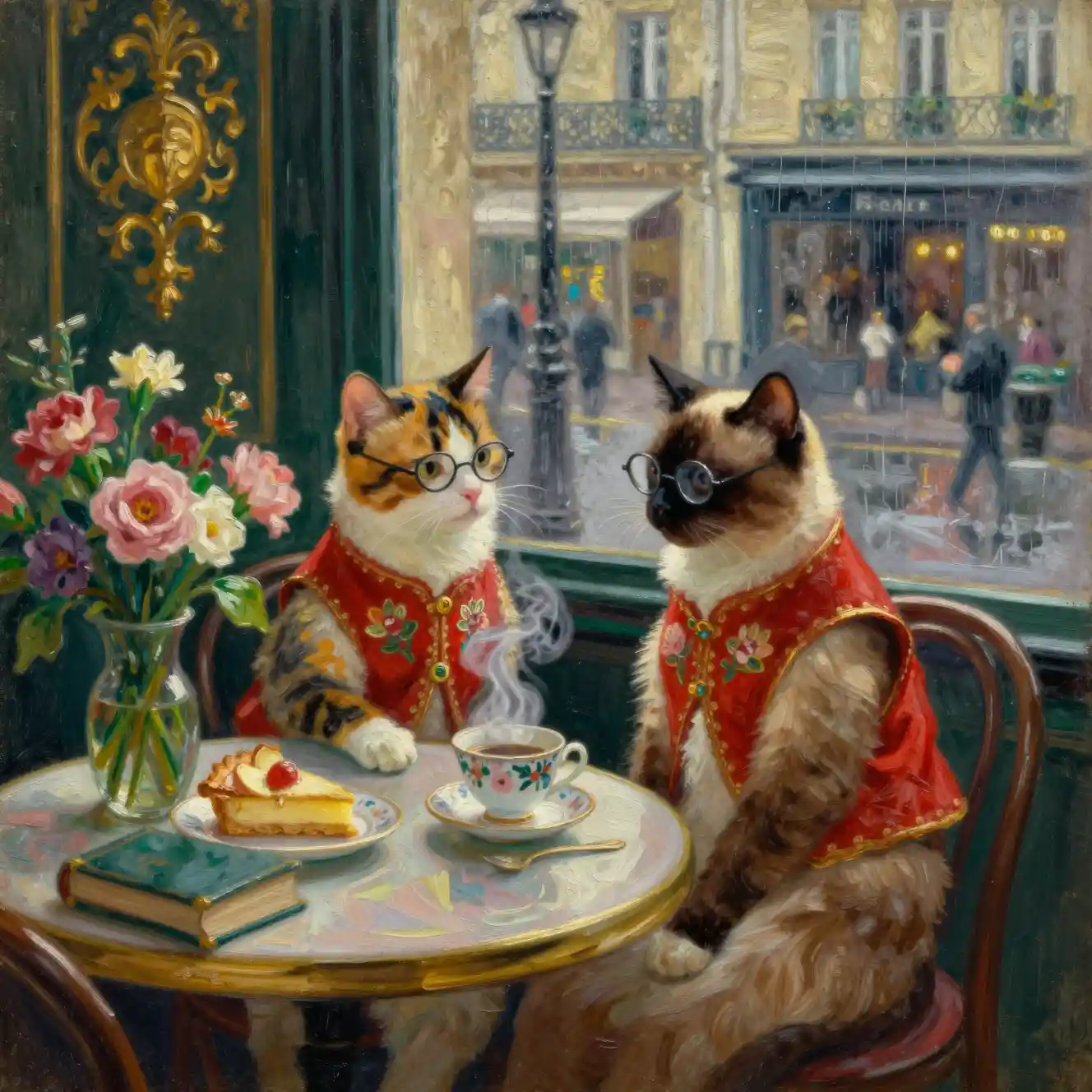 Gatos pensativos em um café parisiense chuvoso - pintura