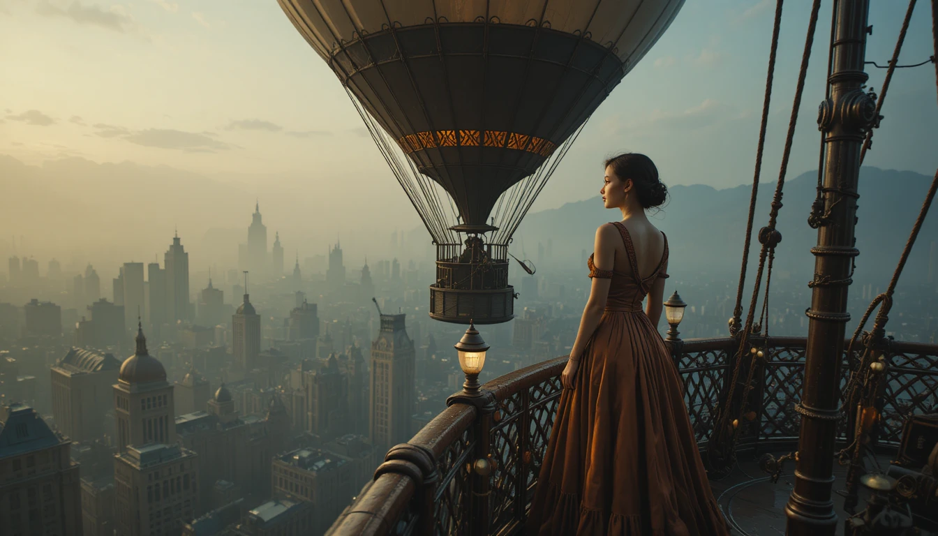 Jovem mulher em dirigível steampunk sobre cidade iluminada