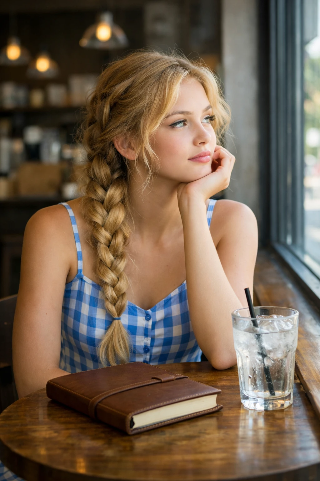 Teen girl in blue sundress daydreaming in a cozy coffee shop