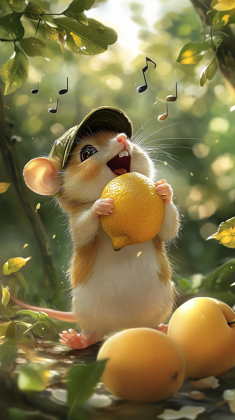 Mini rato alegre cantando em uma floresta de pinheiros na primavera