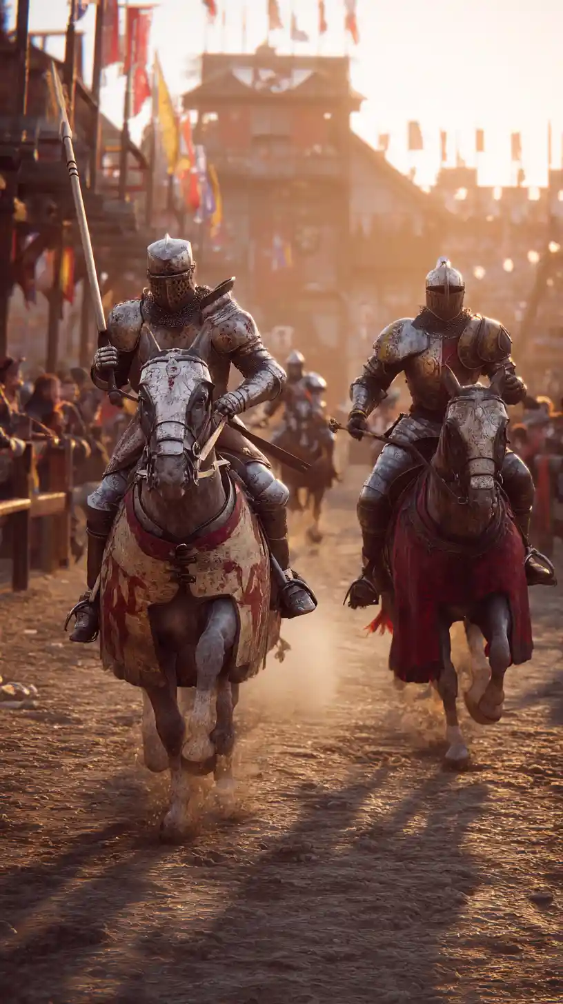 Cavalieri medievali in giostra in un’arena cinematografica