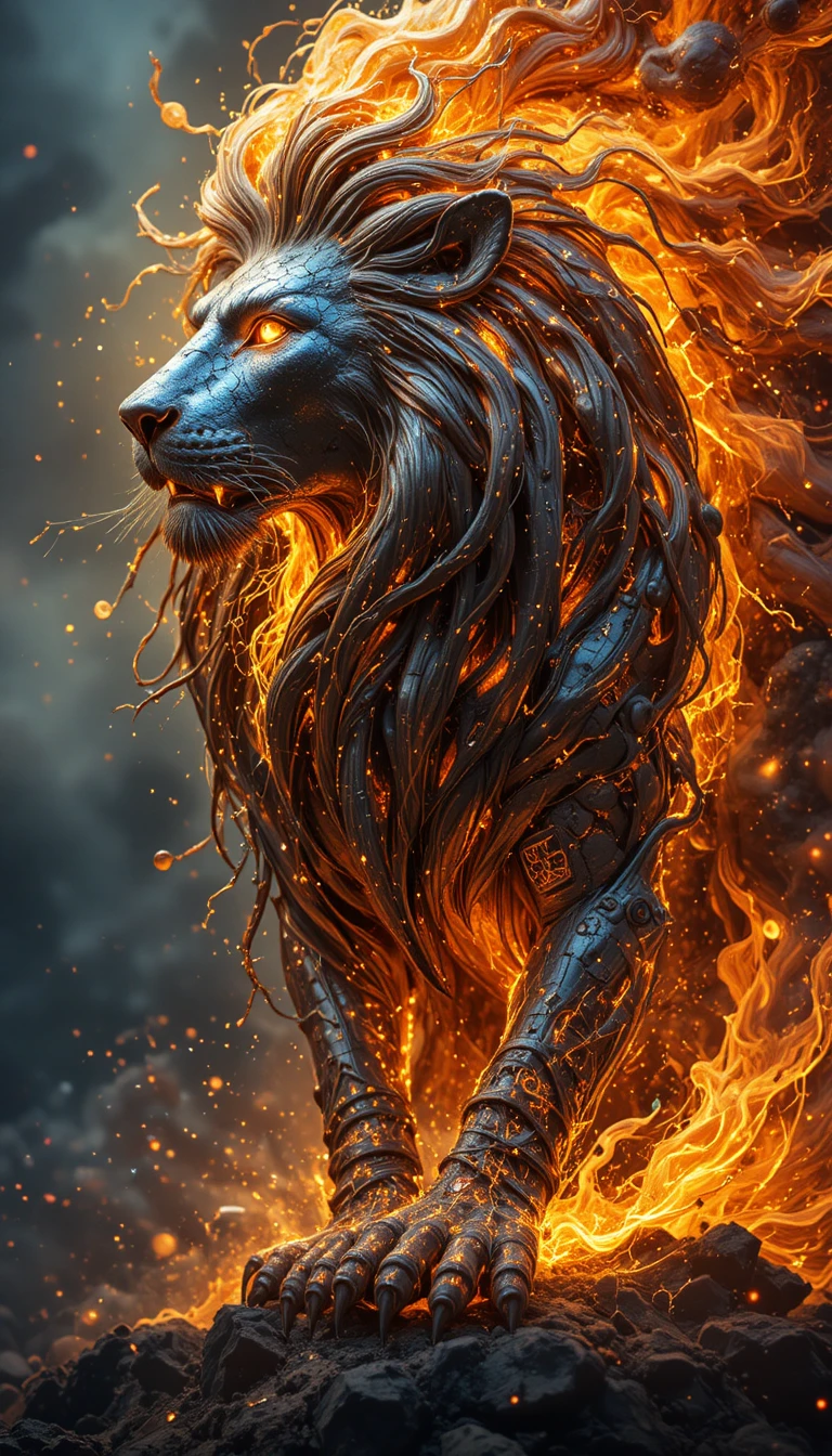 Majestic steel lion with scientific mane and glowing eyes
