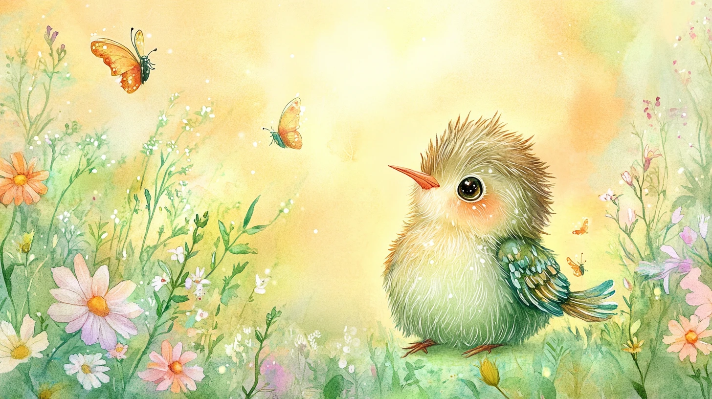 Cute Baby Hummingbird In A Sunny Watercolor Meadow