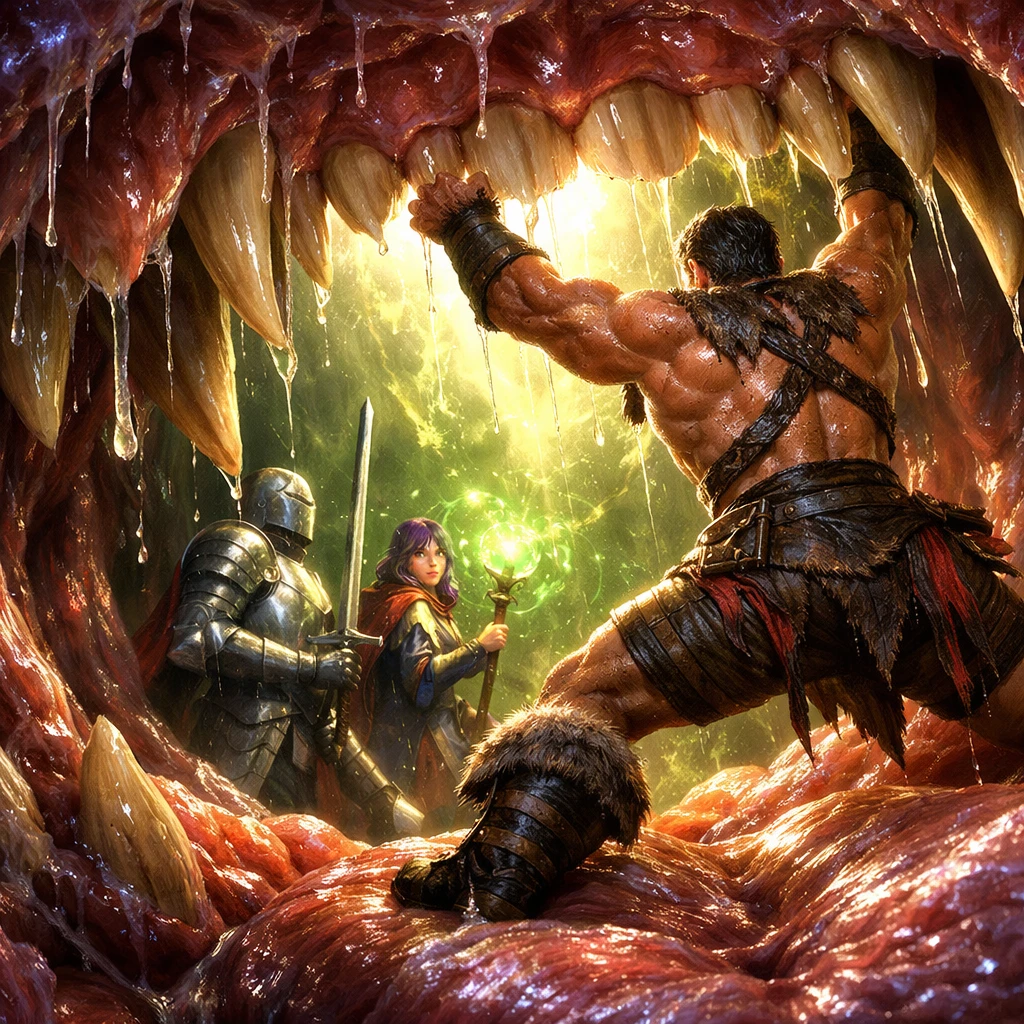 Guerreiros heroicos lutando dentro da boca de uma besta colossal