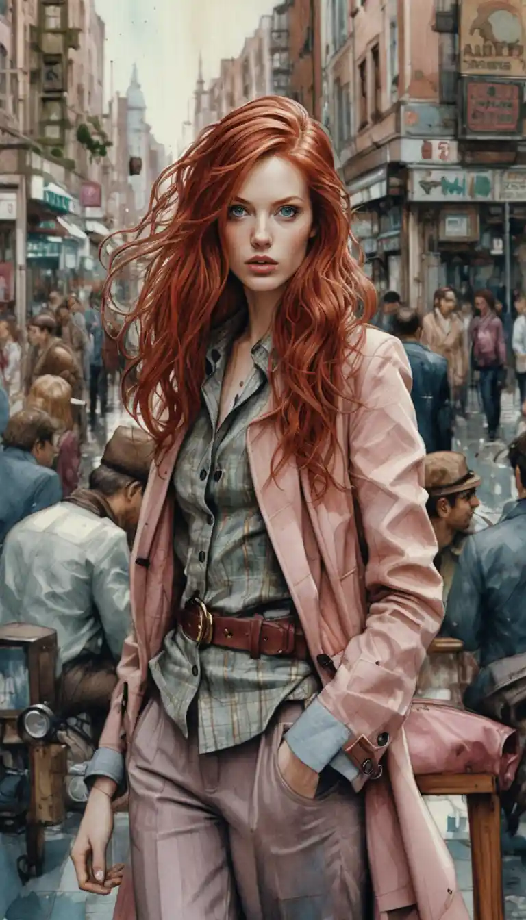 Mulher ruiva em rua da cidade com luz urbana suave