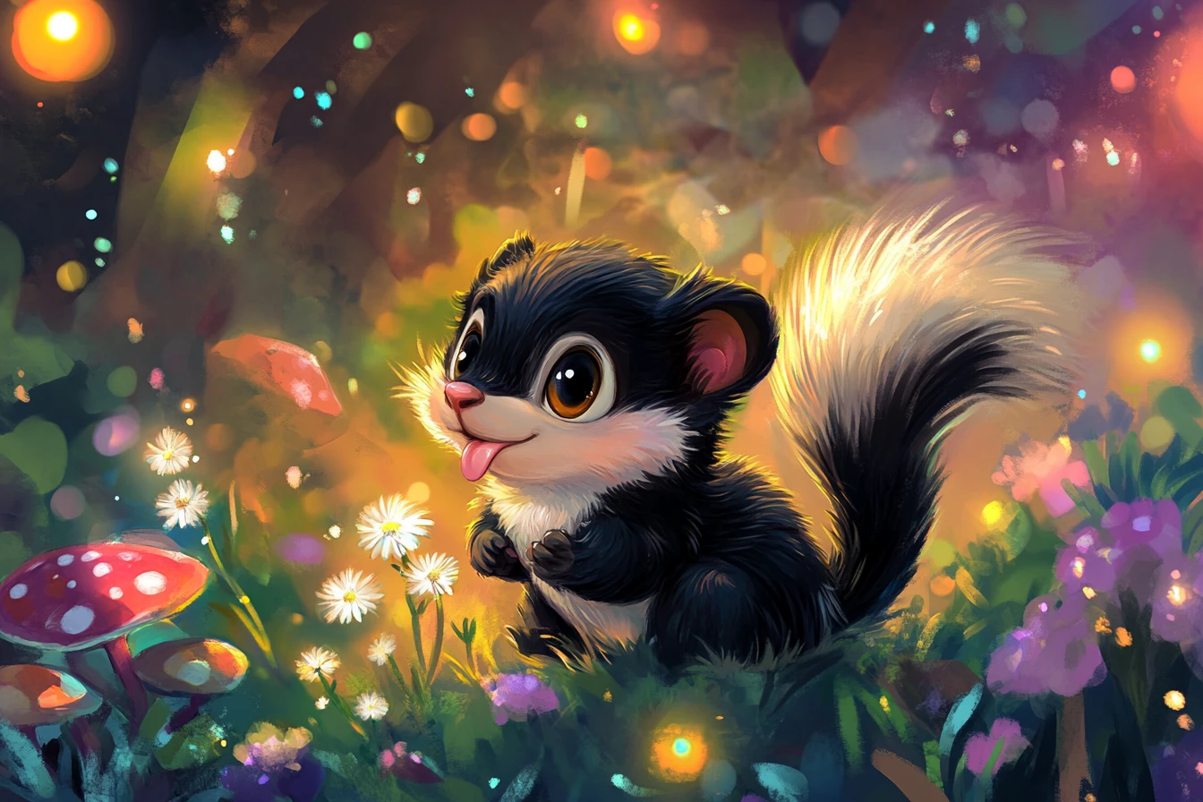 Niedliches Baby-Stinktier spielt mit Glühwürmchen im mondbeschienenen Wald