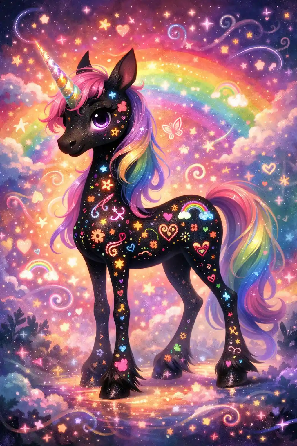 Cartoon black unicorn with rainbow doodle patterns on fur
