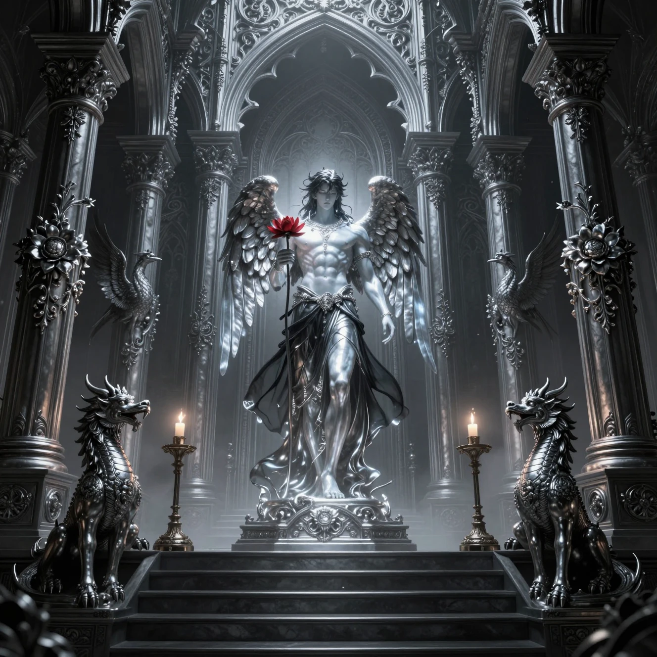 Templo gótico de fantasia com colunas de prata e estátuas