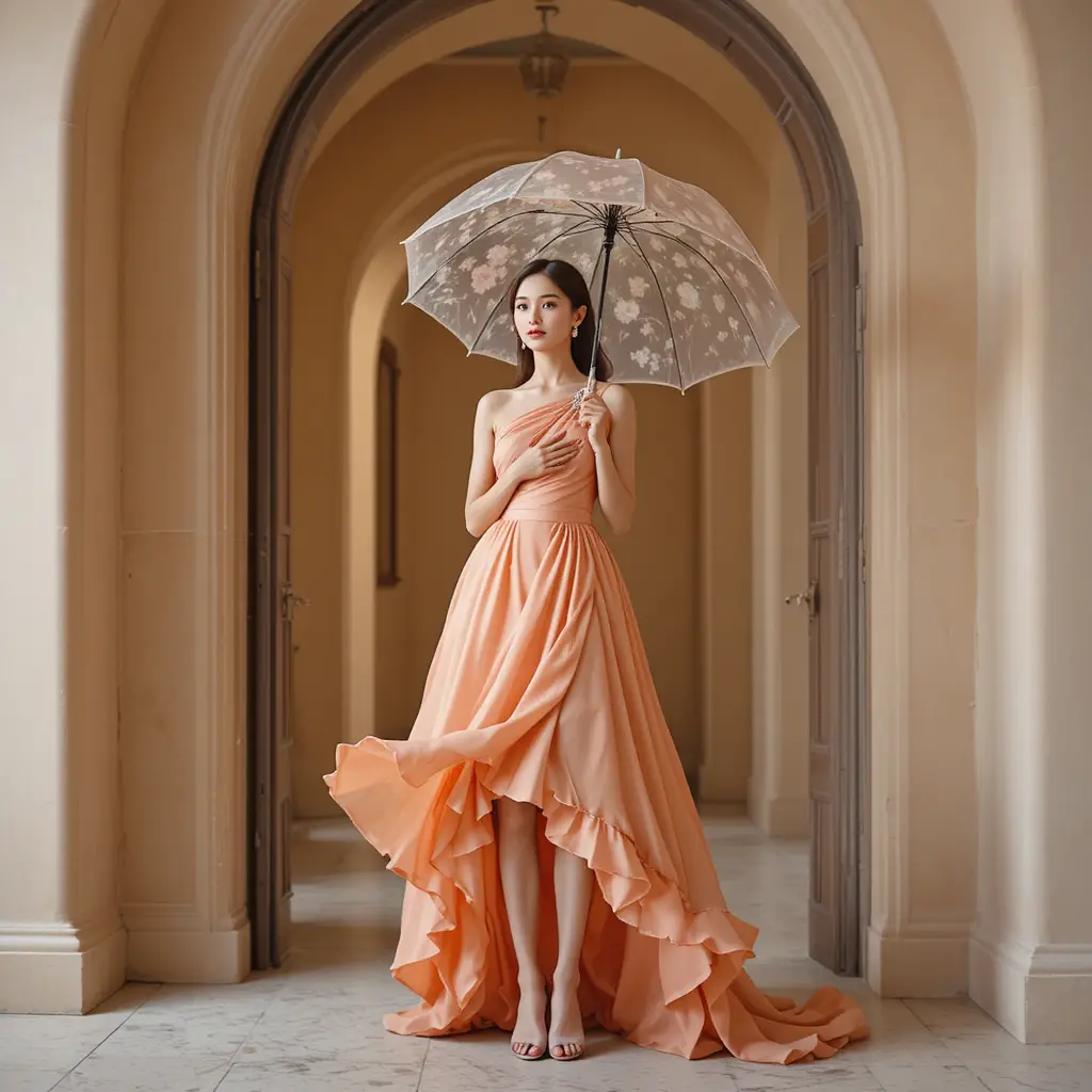Donna elegante con ombrello floreale in un portale ad arco