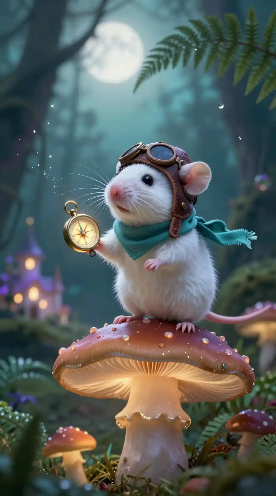 Minuscule souris aventurière au sommet d’un champignon lumineux dans la forêt