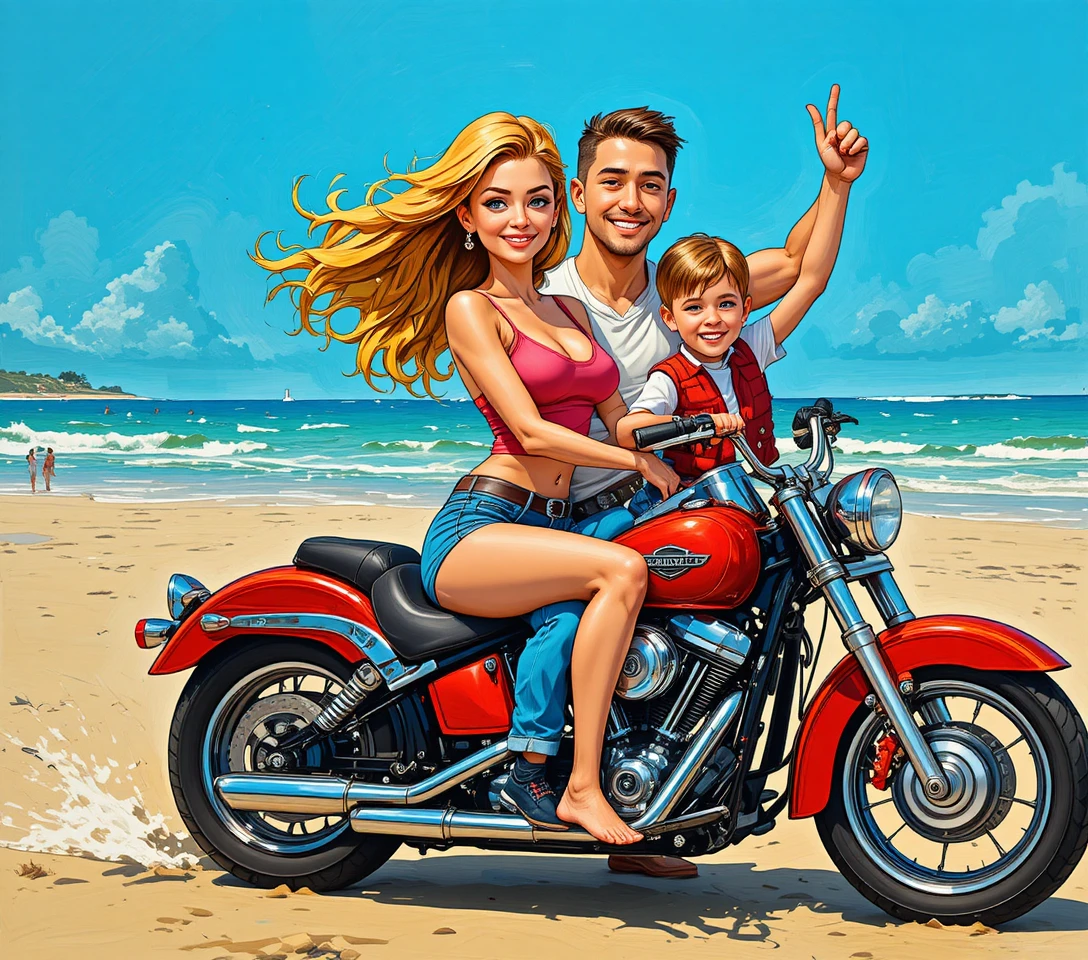 Smiling family on red motorcycle at sunny beach