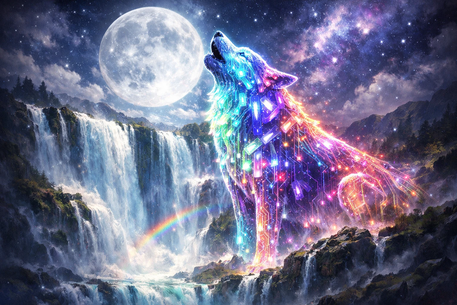 Exposição dupla de lobo uivando diante de cachoeira fantástica luminosa
