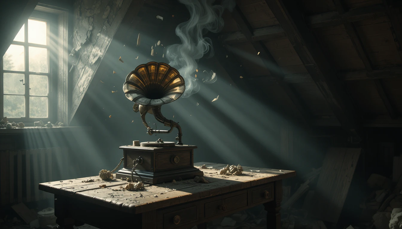 Antique Gramophone In A Dusty Attic With Sunlit Dust