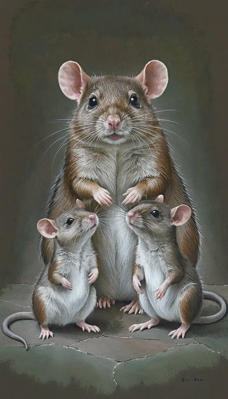 Tendre portrait de famille de rats dans un style naturaliste doux