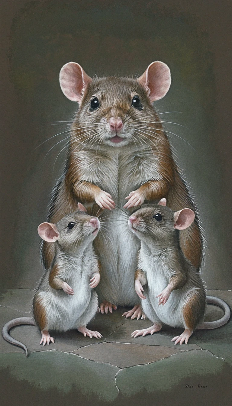 Tendre portrait de famille de rats dans un style naturaliste doux