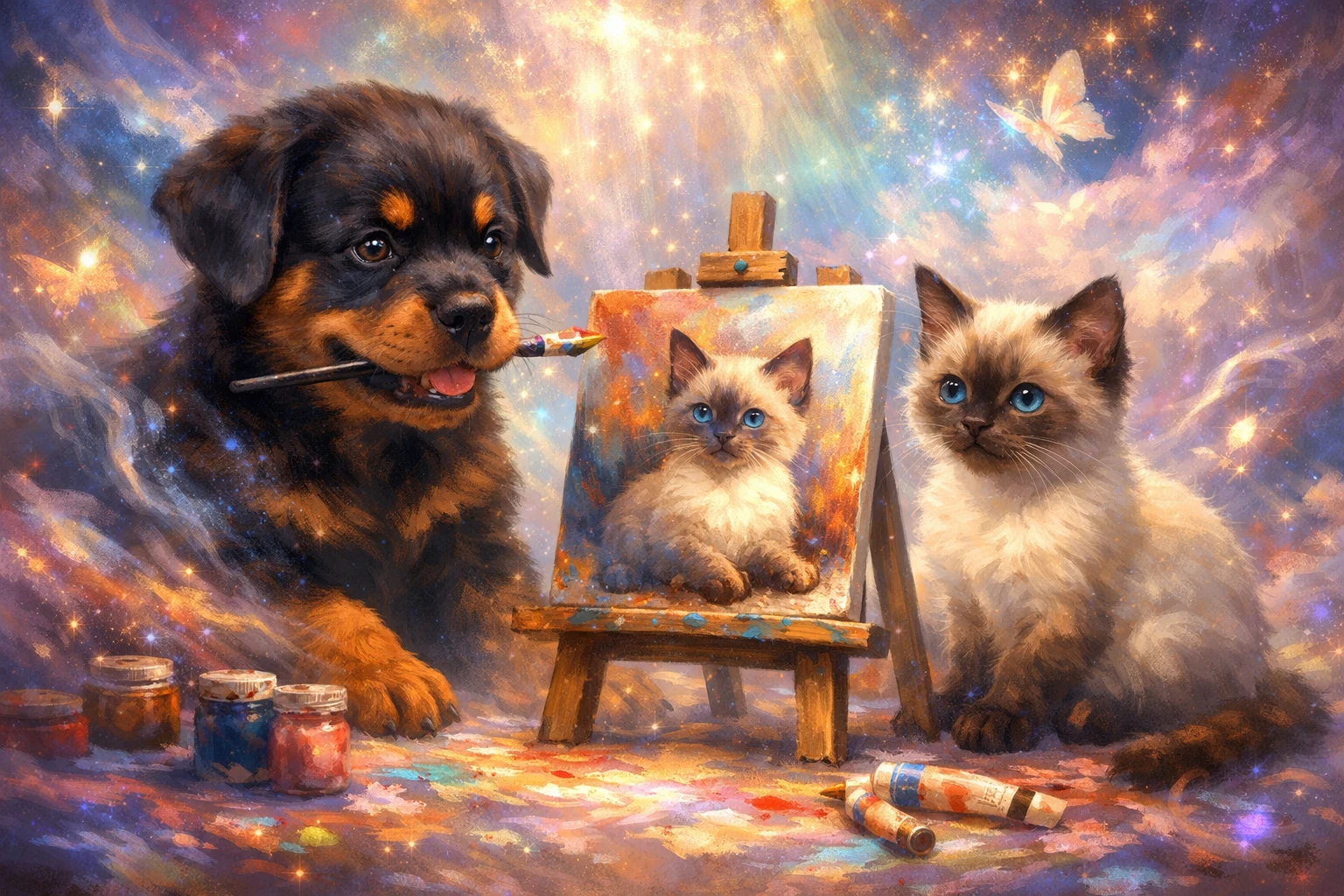 Playful puppy painting a calm Siamese kitten at a tiny easel
