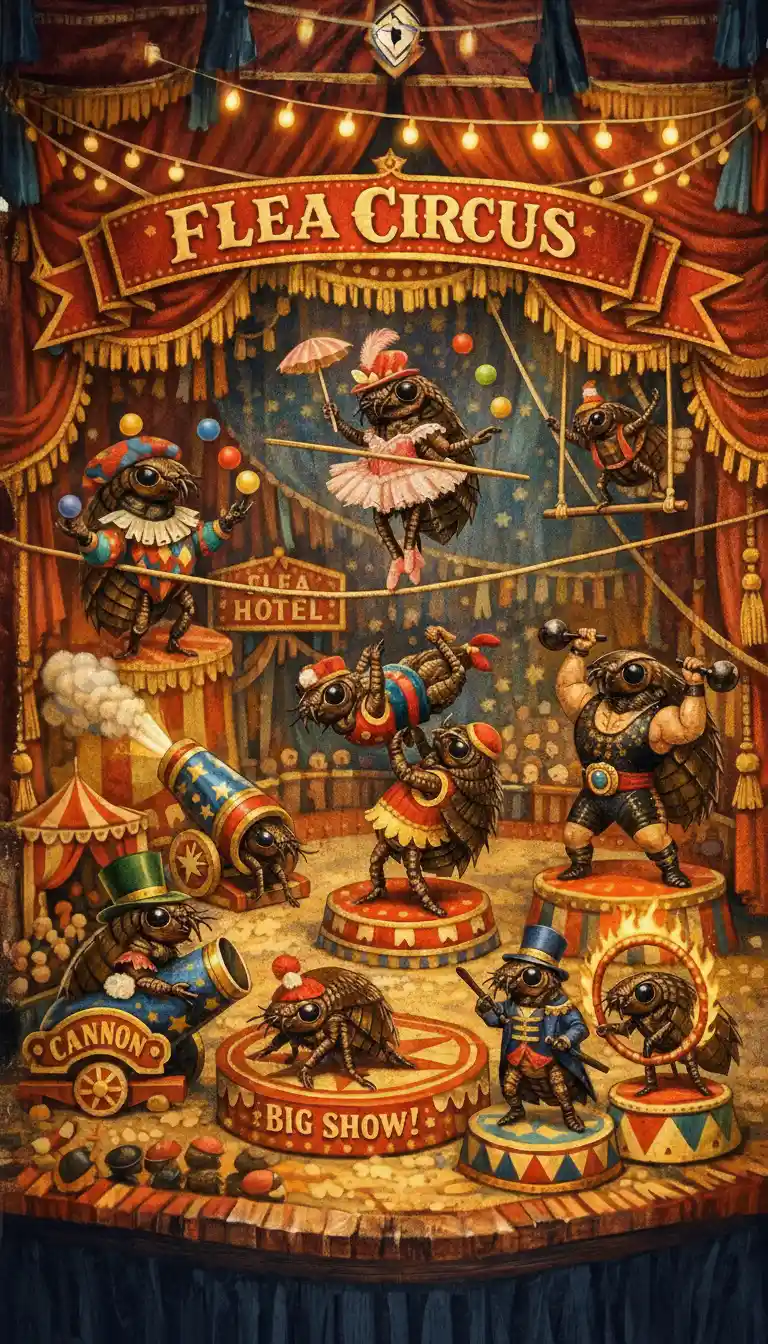 Whimsical flea circus with acrobatic performers under a bright tent