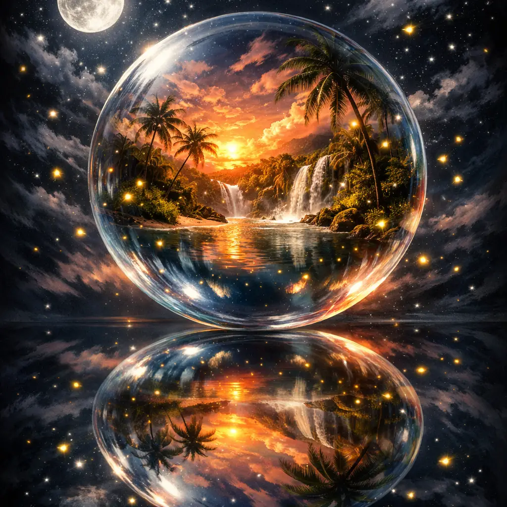 Glowing Glass Sphere Framing A Tropical Lagoon Paradise