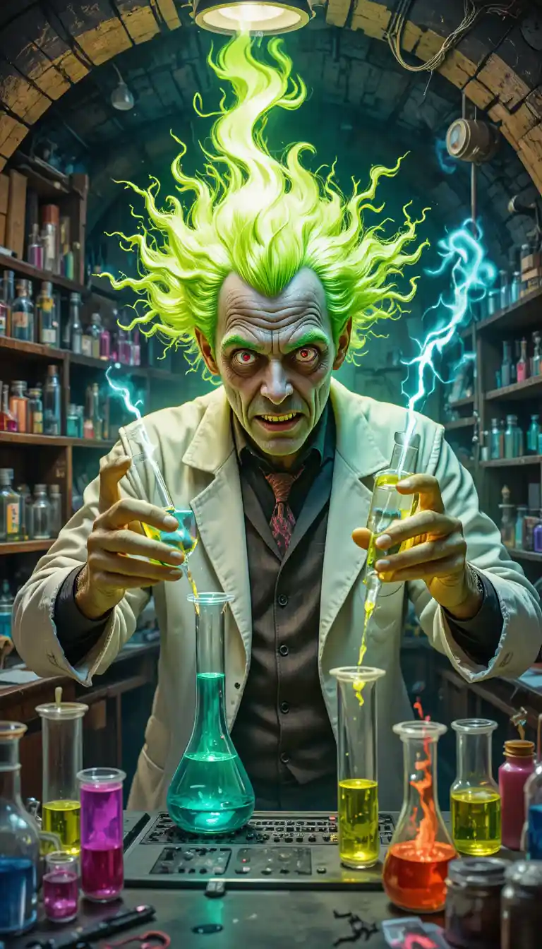 Científico loco con cabello verde en llamas en un laboratorio inquietante