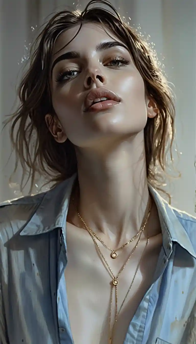 Sensual portrait of a young woman in loose denim shirt