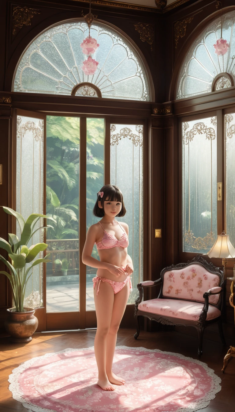 Gata de anime em biquíni de cristal em interior vitoriano