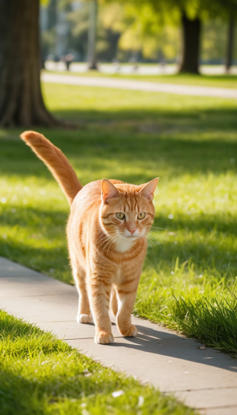 Gato malhado laranja caminhando por um parque verde e ensolarado