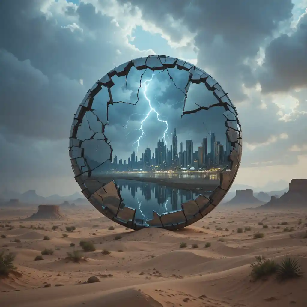 Enorme Espejo Flotante en el Desierto que Refleja una Ciudad Futurista