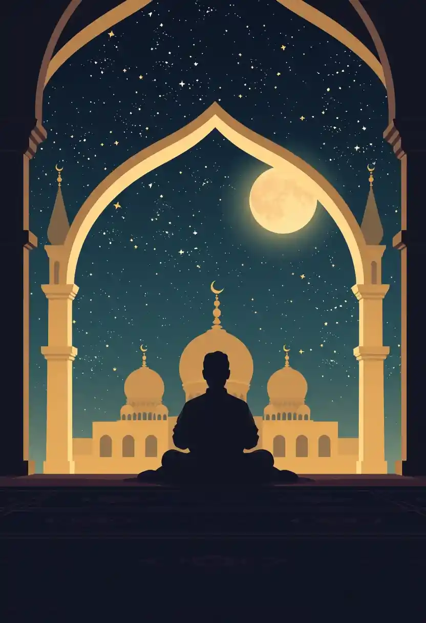 Figura contemplativa sotto il cielo notturno di una moschea illuminato dalla luna