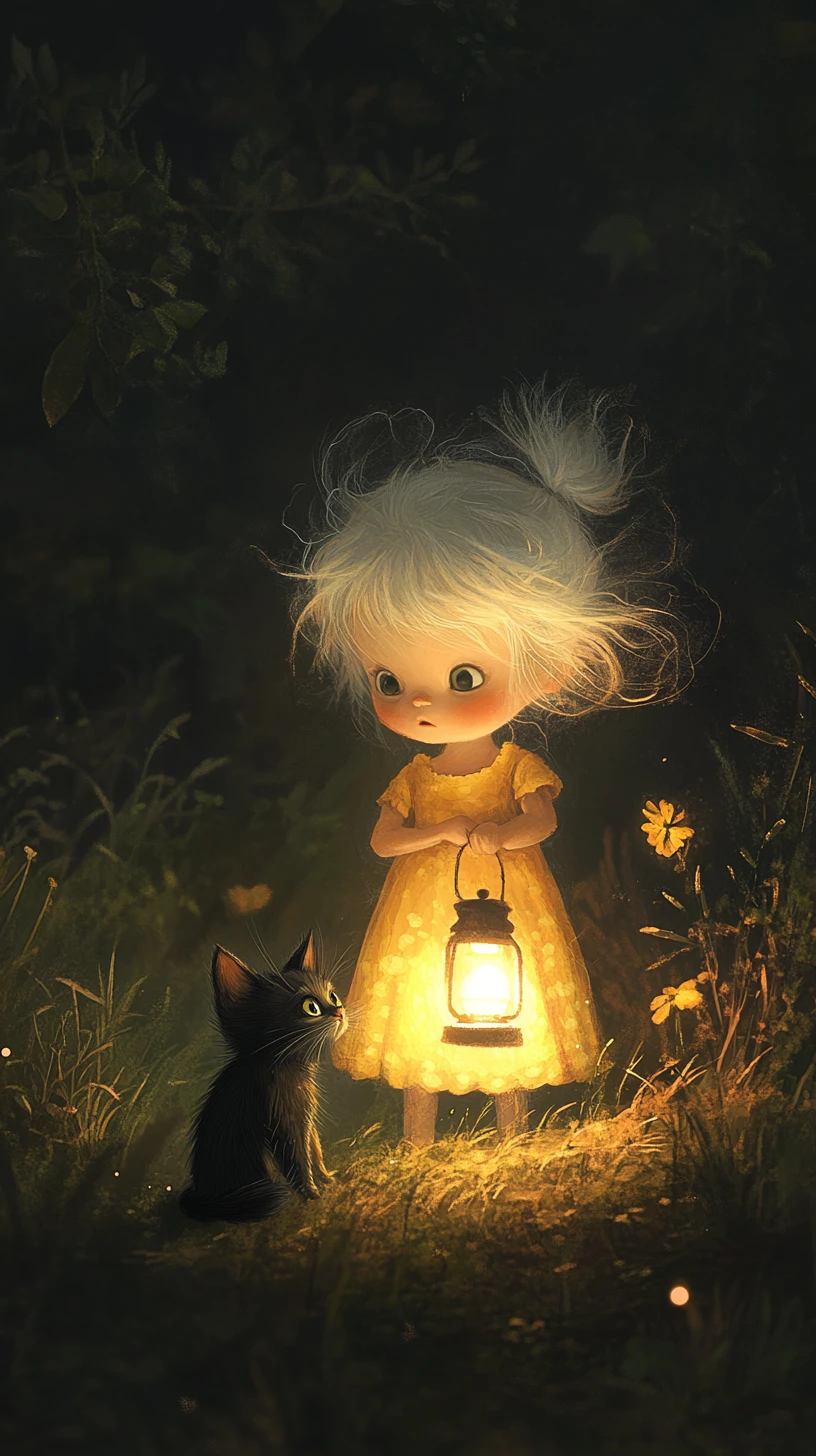 Enfant avec Lanterne et Chaton dans un Champ Sombre et Envahi