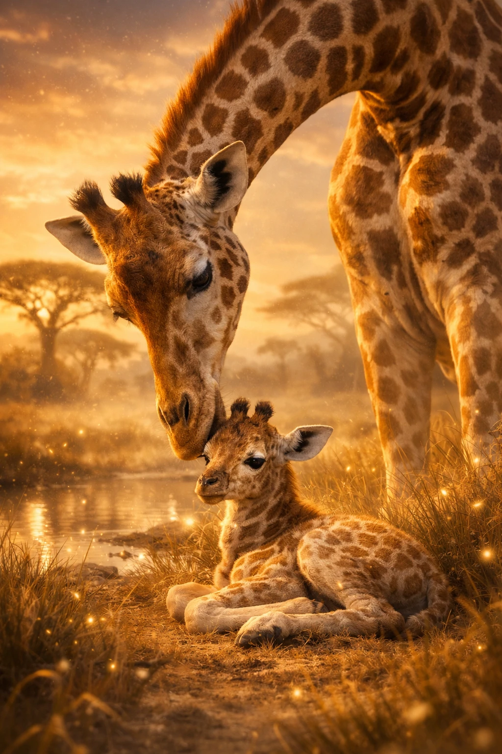 Neugeborenes Giraffenbaby ruht neben schützender Mutter in der Savanne bei Sonnenuntergang