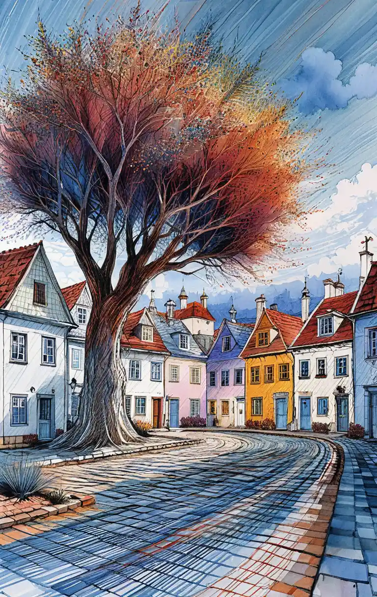 Colorful line art of european village street with autumn tree