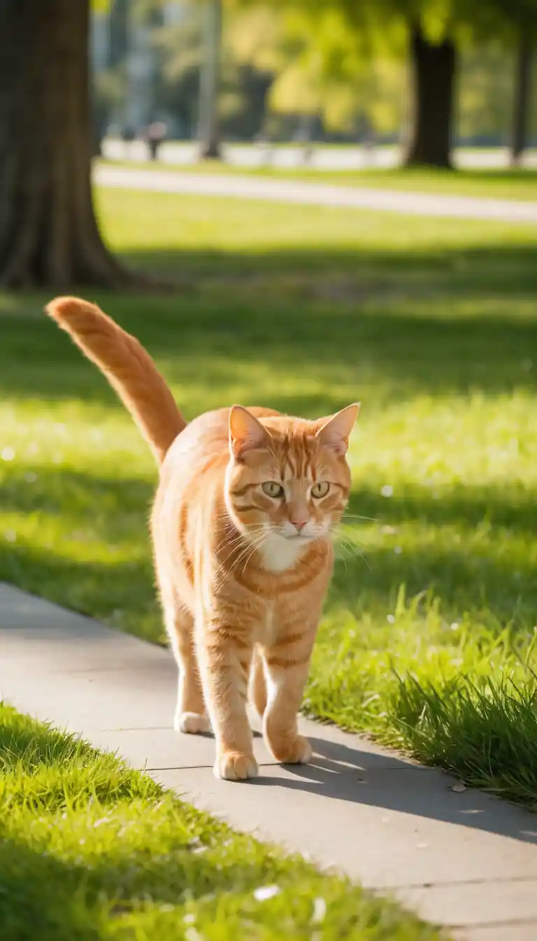 Gato malhado laranja caminhando por um parque verde e ensolarado