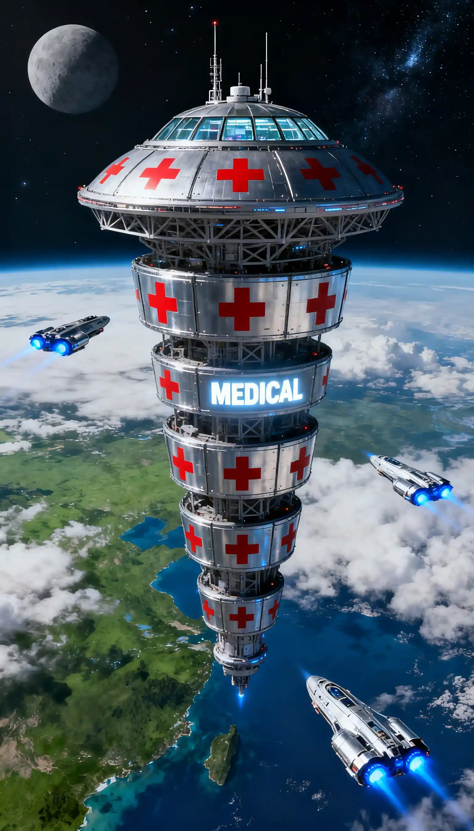 Estação médica orbital futurista acima da Terra coberta por nuvens