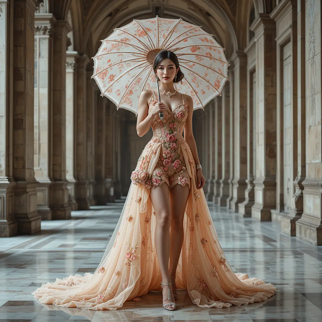 Romantic woman in peach couture gown with parasol