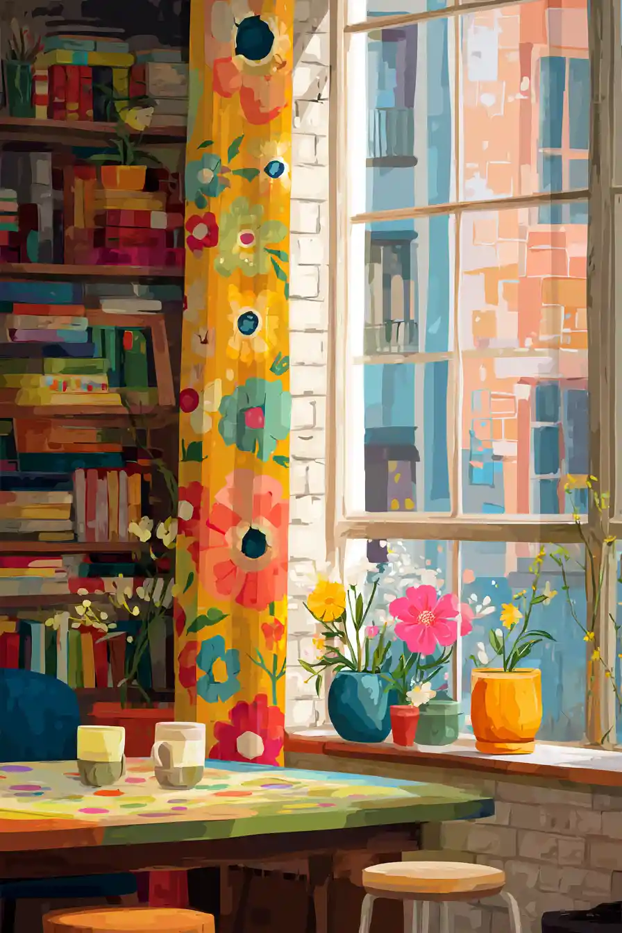 Cozy folk art loft interior with large bright window
