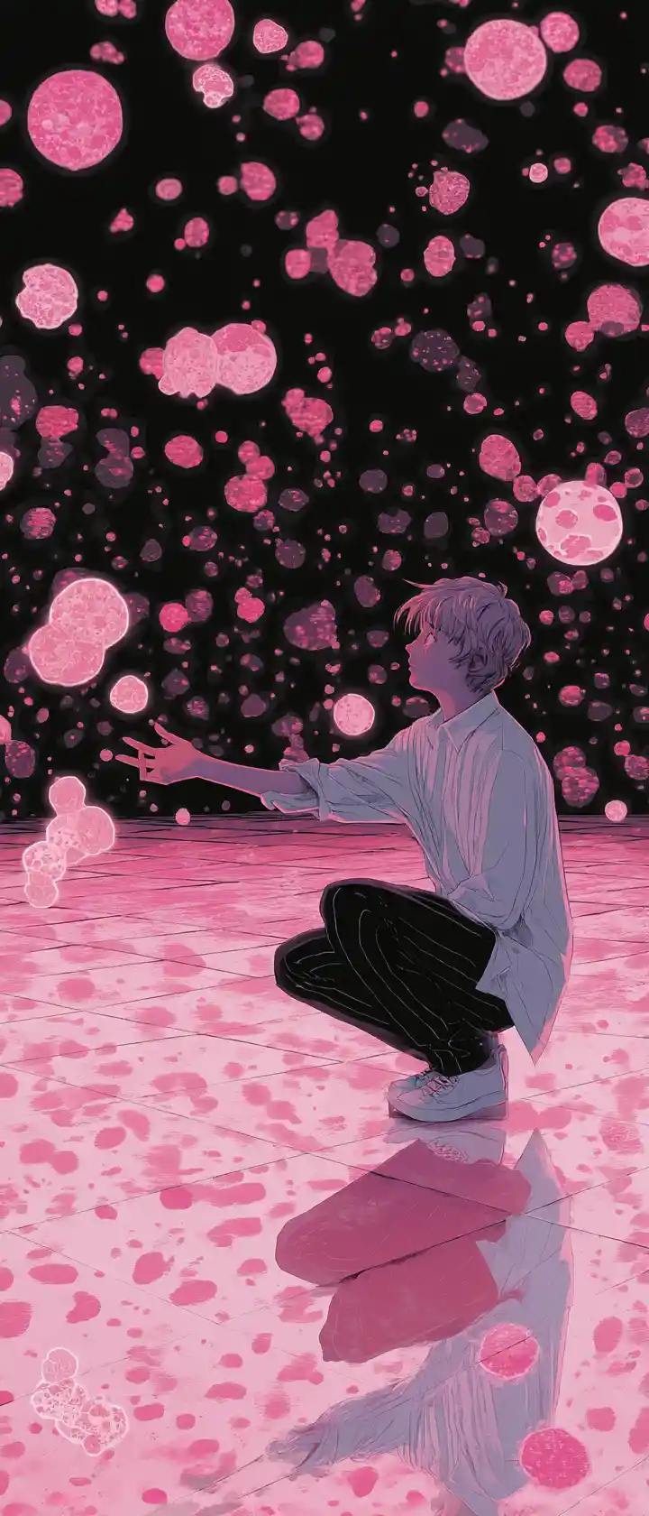 Anime man kneeling in mirrored pink polka dot room